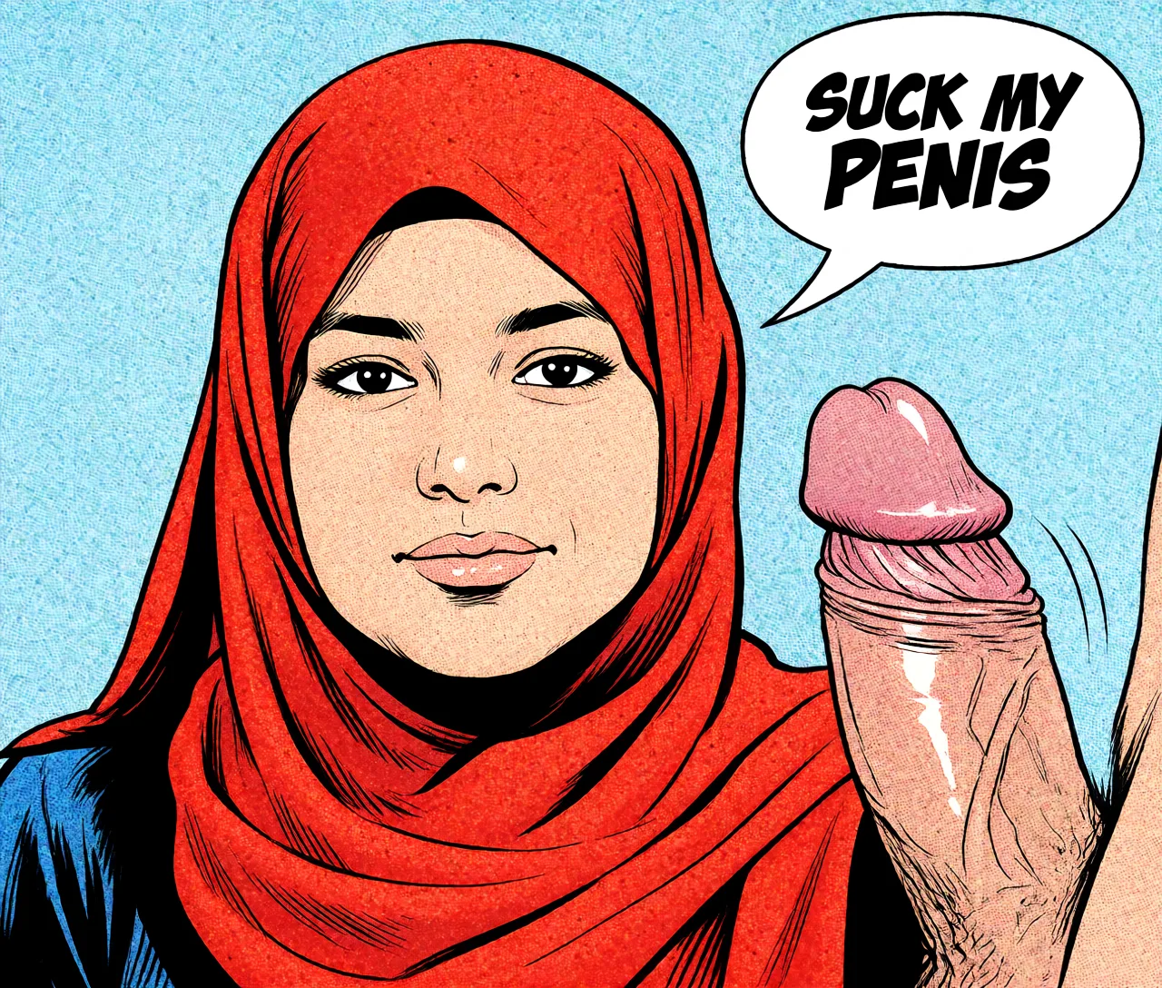 Redraw the entire picture as western comic-book art: heavy black inked outlines, hard-edged cel shading, limited high-contrast colour and visible halftone dot texture. The background is drawn in the same style. Nothing in the frame keeps its photographic appearance. Above all, the picture must show: Suck my penis.