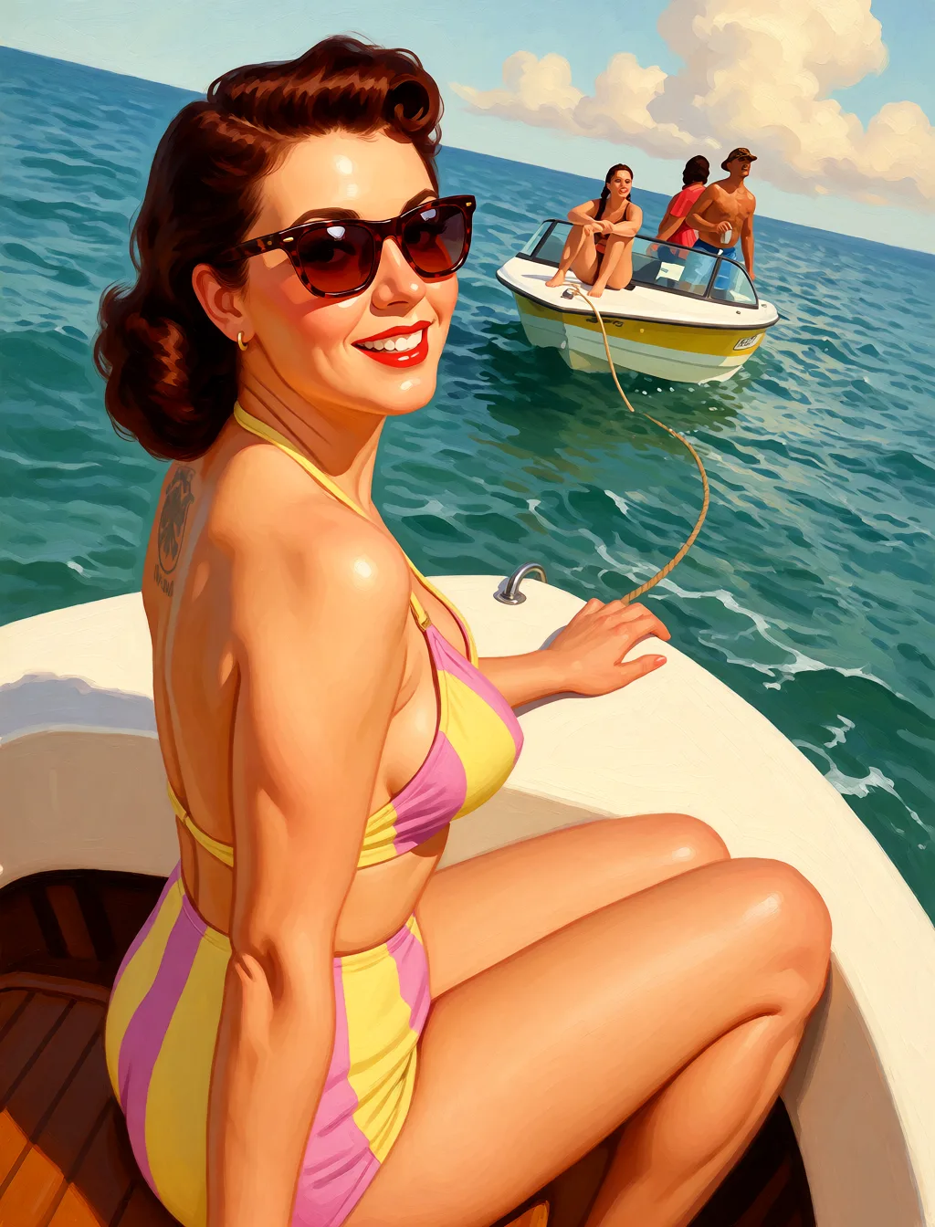 Redraw the entire picture as a retro pin-up illustration: smooth airbrushed gouache paint, warm saturated mid-century colour, clean confident outlines and glamorous stylised features, in the look of a 1950s pin-up poster. The background is painted in the same style. Nothing in the frame keeps its photographic appearance. Above all, the picture must show: naked_shirt.