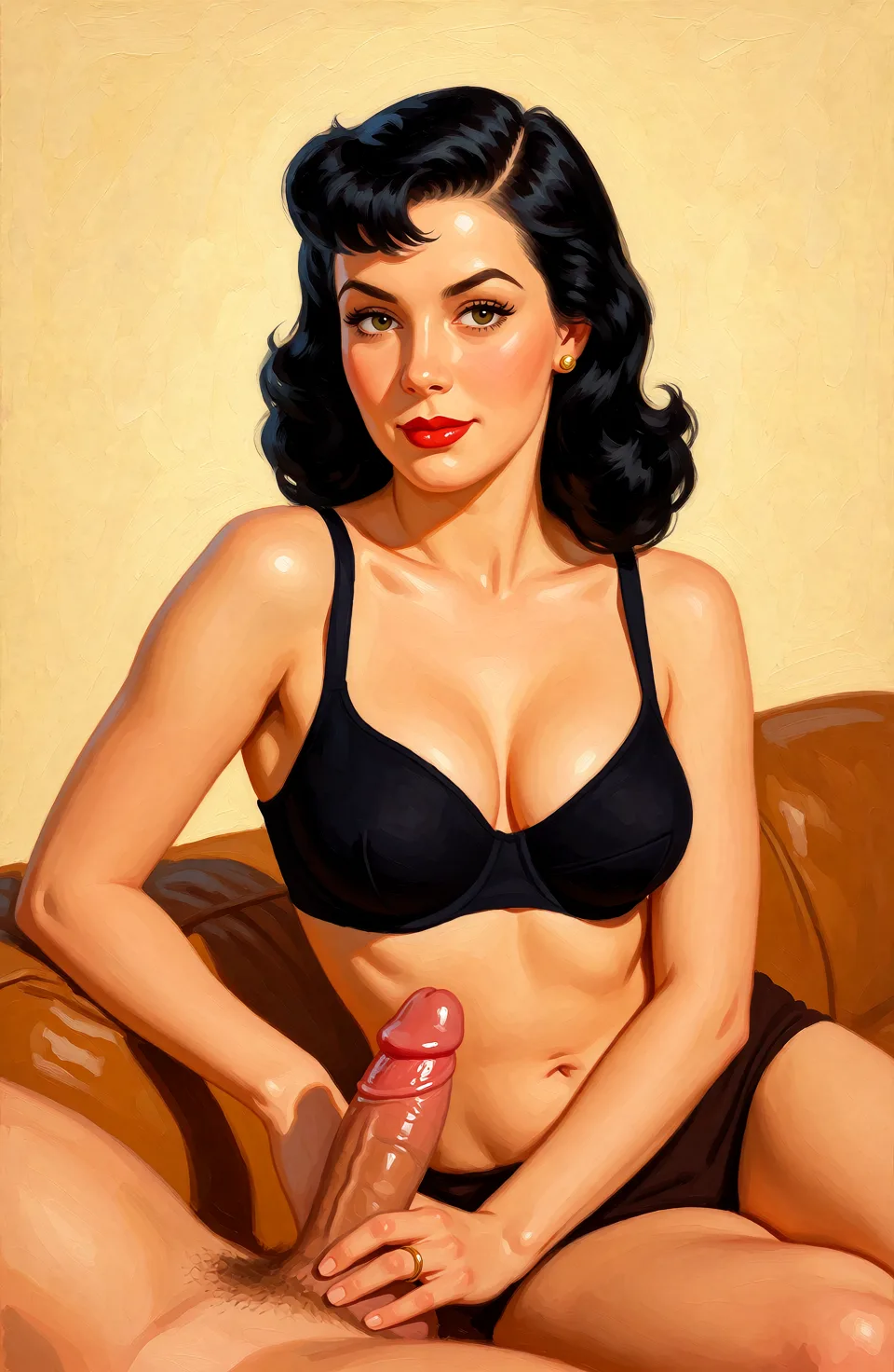 Redraw the entire picture as a retro pin-up illustration: smooth airbrushed gouache paint, warm saturated mid-century colour, clean confident outlines and glamorous stylised features, in the look of a 1950s pin-up poster. The background is painted in the same style. Nothing in the frame keeps its photographic appearance. Above all, the picture must show: imminent_penetration.