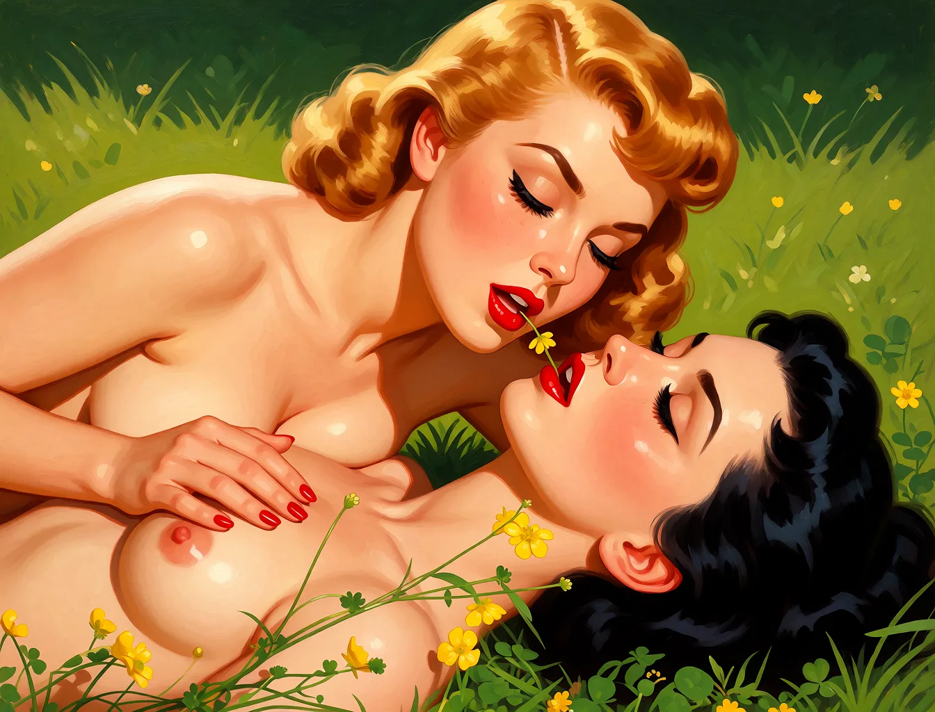 Redraw the entire picture as a retro pin-up illustration: smooth airbrushed gouache paint, warm saturated mid-century colour, clean confident outlines and glamorous stylised features, in the look of a 1950s pin-up poster. The background is painted in the same style. Nothing in the frame keeps its photographic appearance. Above all, the picture must show: two women.