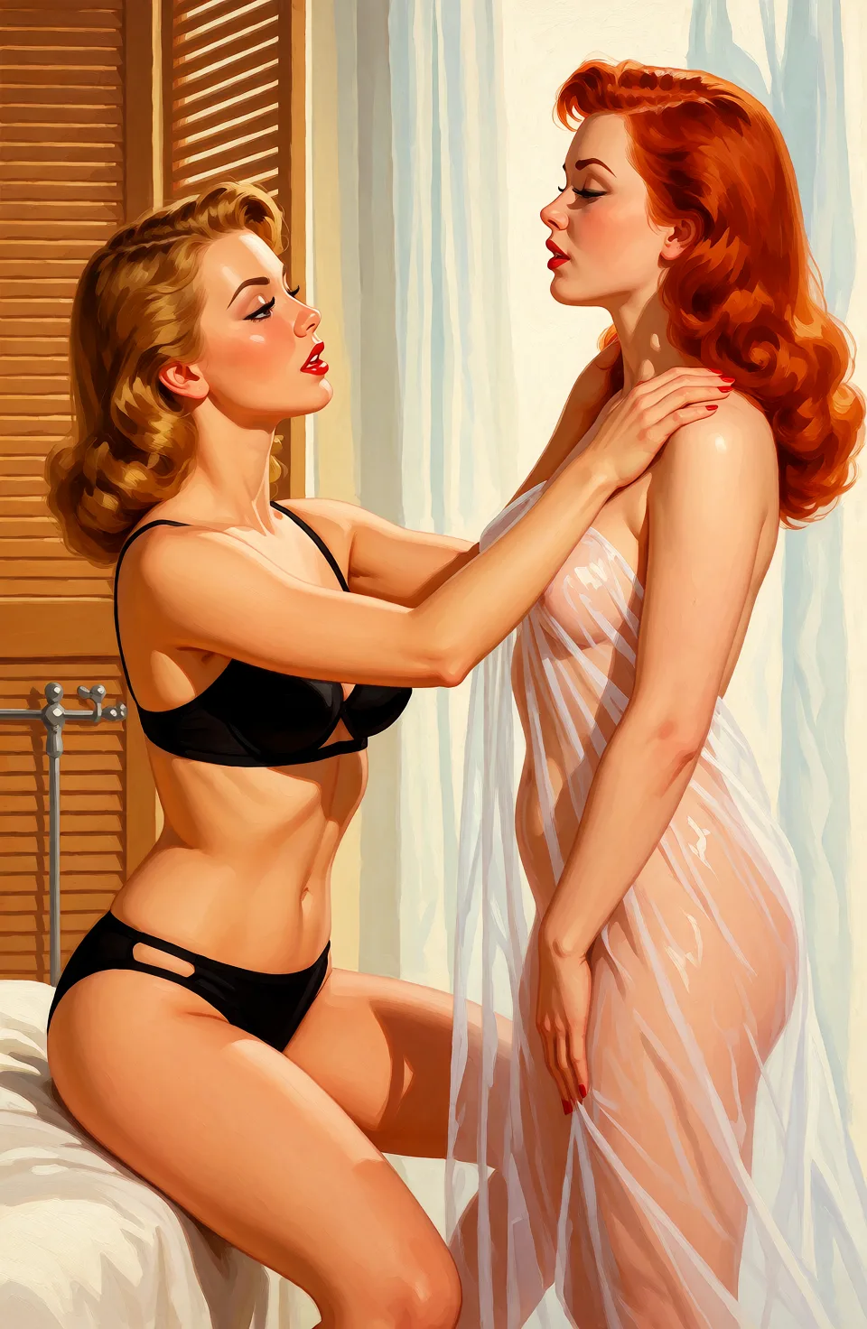 Redraw the entire picture as a retro pin-up illustration: smooth airbrushed gouache paint, warm saturated mid-century colour, clean confident outlines and glamorous stylised features, in the look of a 1950s pin-up poster. The background is painted in the same style. Nothing in the frame keeps its photographic appearance. Above all, the picture must show: one has short light-brown hair and the other has long red hair.