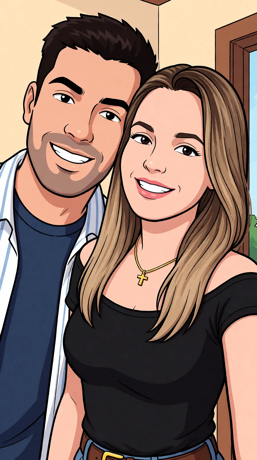 Redraw the entire picture as a western animated cartoon cel: thick even outlines, flat bright blocks of colour, simplified rounded shapes and hard-edged shadows, in the look of a television cartoon rather than of a camera. Keep the woman's adult proportions and adult figure exactly as they are; only the drawing style changes. The background is drawn in the same style. Nothing in the frame keeps its photographic appearance. Above all, the picture must show: Beijo e boquete.