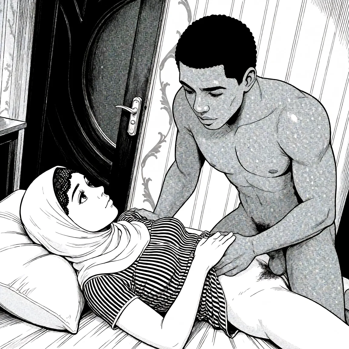 Redraw the entire picture as a black and white manga page: crisp black ink line art, no colour anywhere, flat halftone screentone shading, hatched shadows and clean white highlights, in the look of a printed manga panel. The background is drawn in the same style. Nothing in the frame keeps its photographic appearance. Above all, the picture must show: Девушка лежит в своей спальне в ночной рубашке. В комнату входит чернокожий мужчина. Раздевшись, он снимает с неё одежду, ласкает её грудь среднего размера и занимается с ней сексом в позе «собачка».