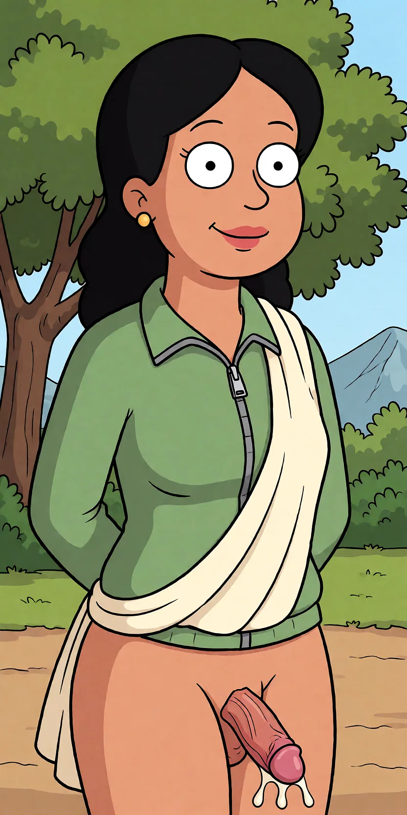 Redraw the entire picture as a western animated cartoon cel: thick even outlines, flat bright blocks of colour, simplified rounded shapes and hard-edged shadows, in the look of a television cartoon rather than of a camera. Keep the woman's adult proportions and adult figure exactly as they are; only the drawing style changes. The background is drawn in the same style. Nothing in the frame keeps its photographic appearance. Above all, the picture must show: sex_from_behind cum.