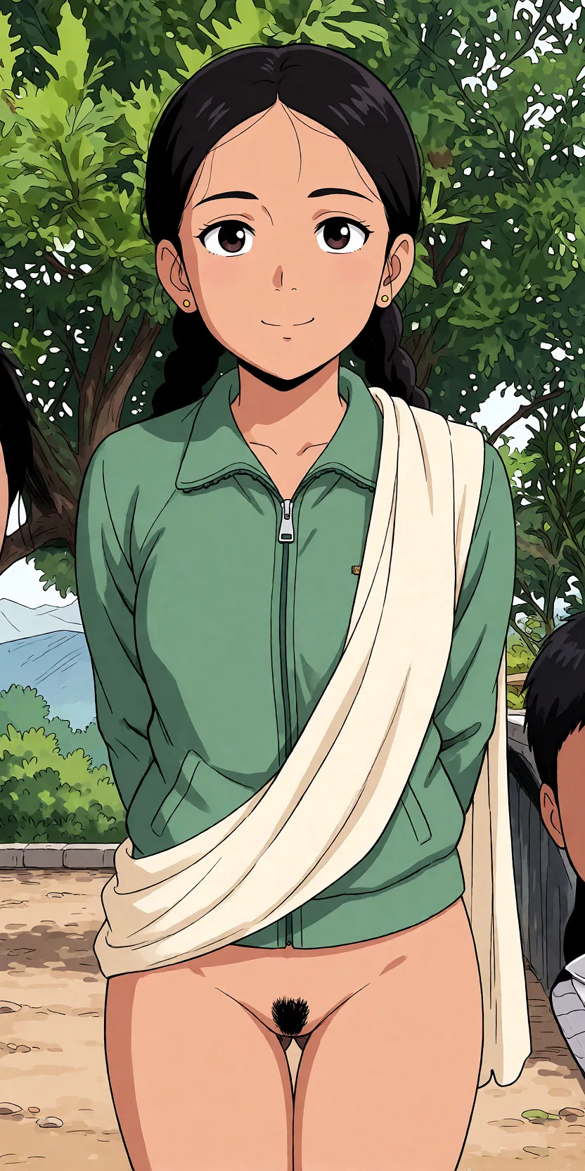 Redraw the entire picture as a hand-drawn anime illustration in flat cel-shaded anime style. It stays the same person with the same face, the same expression, the same hair and the same skin tone, and every other detail of the photograph is kept exactly as it is: nothing is added, removed, moved, uncovered or recoloured. Only the medium changes, and no part of the picture is left photographic. Above all, the picture must show: sex_from_behind.