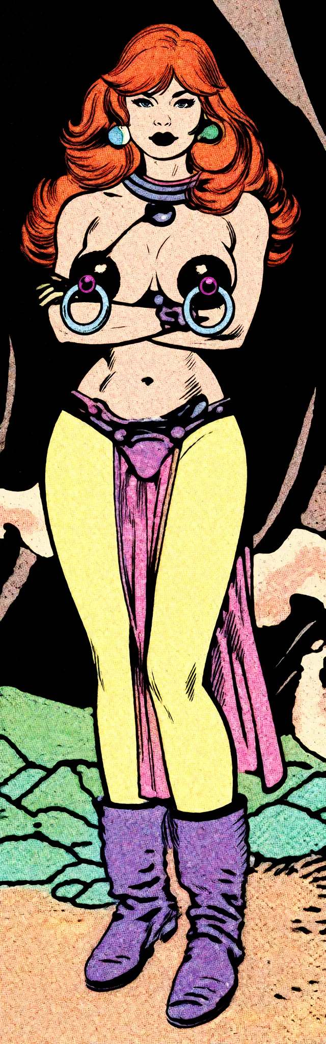 Redraw the entire picture as western comic-book art: heavy black inked outlines, hard-edged cel shading, limited high-contrast colour and visible halftone dot texture. The background is drawn in the same style. Nothing in the frame keeps its photographic appearance. Above all, the picture must show: Remove bra, add large_areolae add black_areola add oversized purple captive-bead nipple rings, add black lipstick.