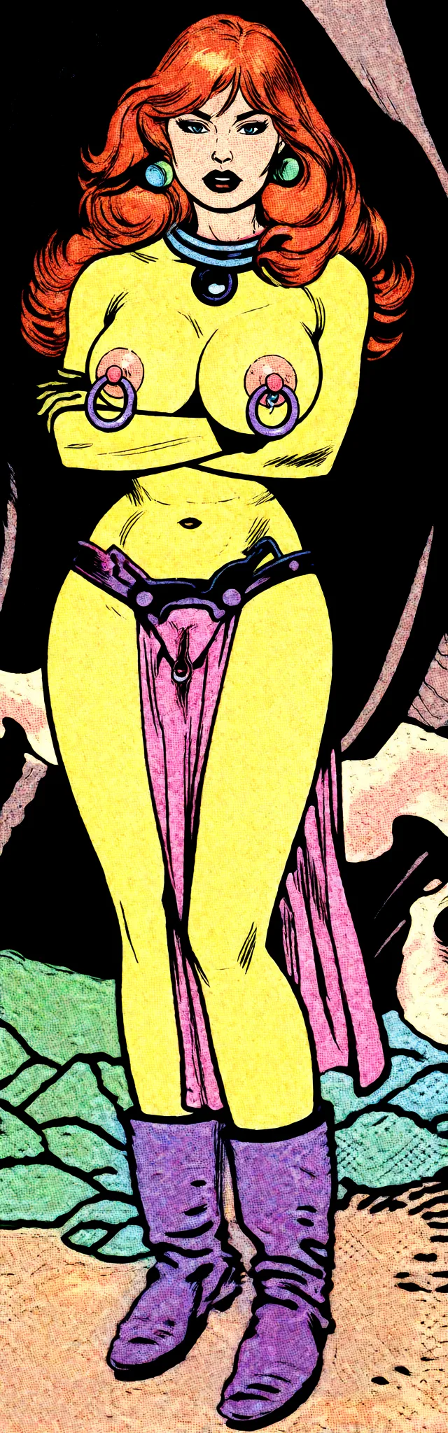 Redraw the entire picture as western comic-book art: heavy black inked outlines, hard-edged cel shading, limited high-contrast colour and visible halftone dot texture. The background is drawn in the same style. Nothing in the frame keeps its photographic appearance. Above all, the picture must show: Remove bra remove loincloth add bright yellow skin, add large_areolae add dark_areolae, add dark_pussy_lips, add oversized purple nipple rings, add oversized purple clitoris piercing.