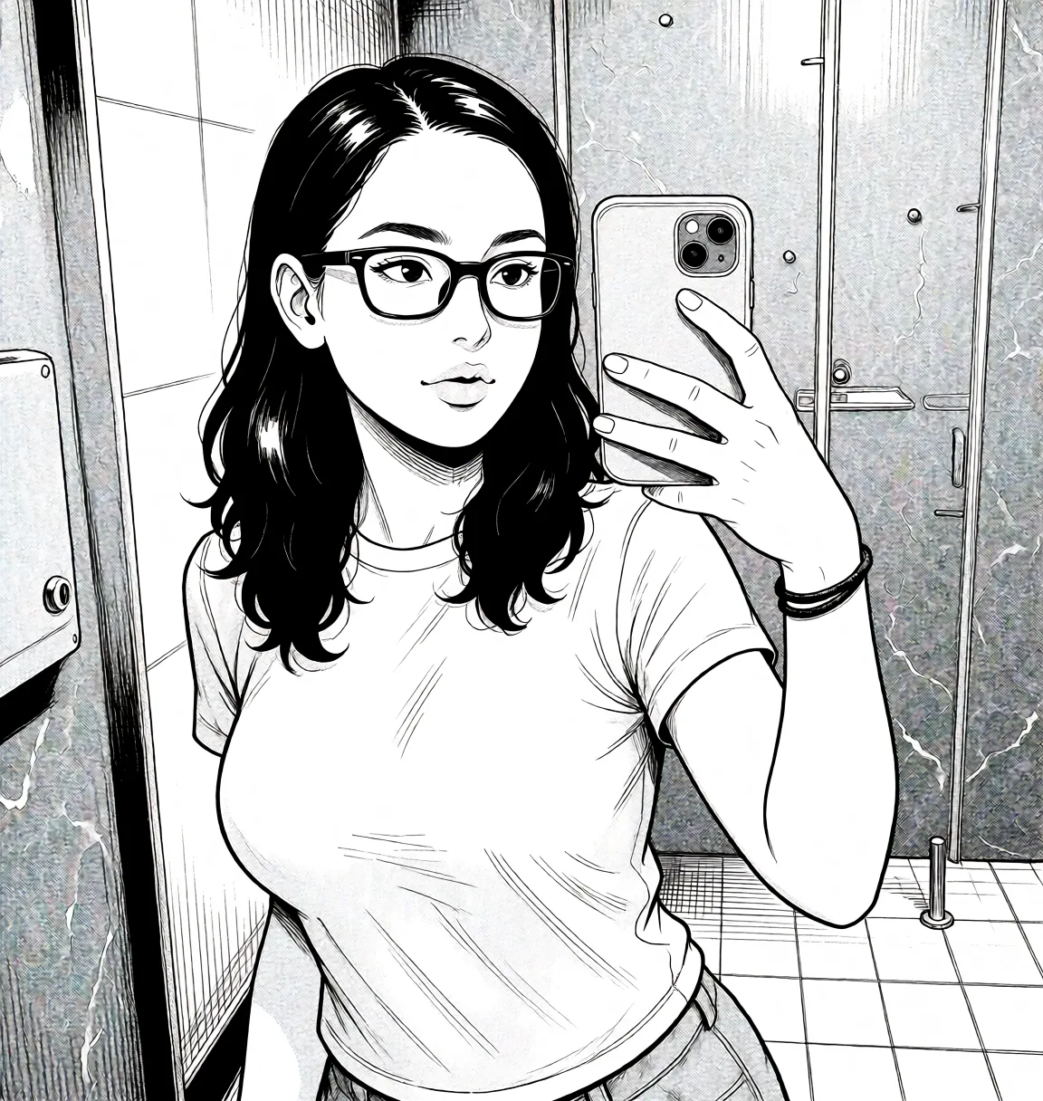 Redraw the entire picture as a black and white manga page: crisp black ink line art, no colour anywhere, flat halftone screentone shading, hatched shadows and clean white highlights, in the look of a printed manga panel. The background is drawn in the same style. Nothing in the frame keeps its photographic appearance. Above all, the picture must show: female_masturbation.