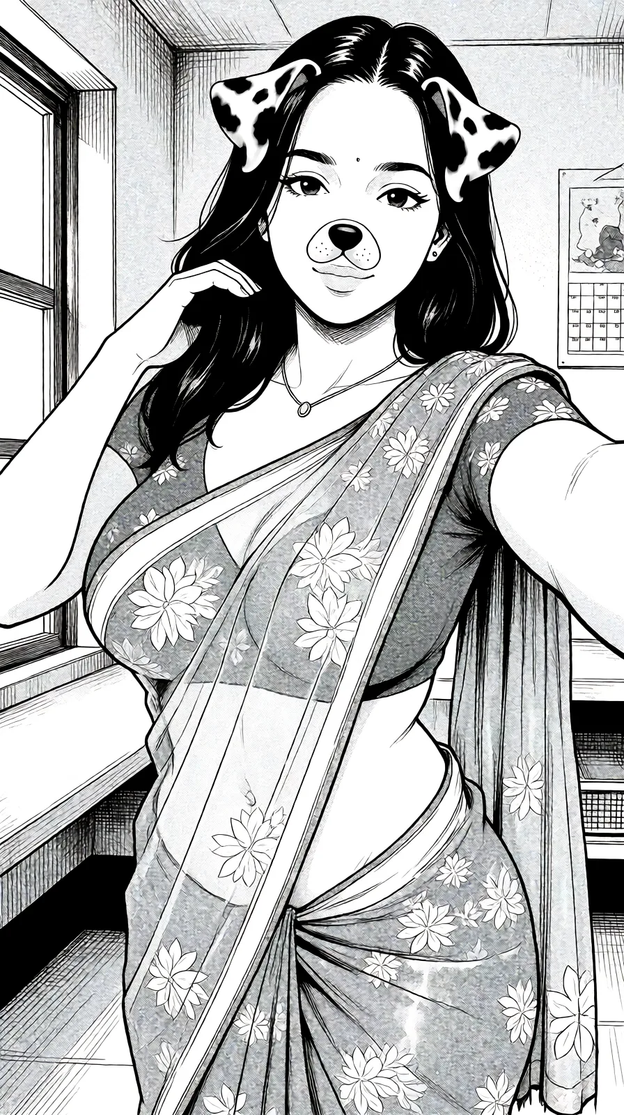 Redraw the entire picture as a black and white manga page: crisp black ink line art, no colour anywhere, flat halftone screentone shading, hatched shadows and clean white highlights, in the look of a printed manga panel. The background is drawn in the same style. Nothing in the frame keeps its photographic appearance. Above all, the picture must show: naked woman with big breasts and curvy body.