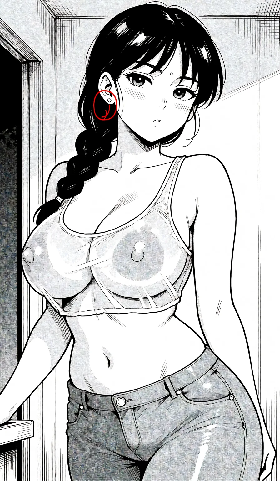 Redraw the entire picture as a black and white manga page: crisp black ink line art, no colour anywhere, flat halftone screentone shading, hatched shadows and clean white highlights, in the look of a printed manga panel. The background is drawn in the same style. Nothing in the frame keeps its photographic appearance. Above all, the picture must show: see see-through_clothes hottie busty wide_hips.