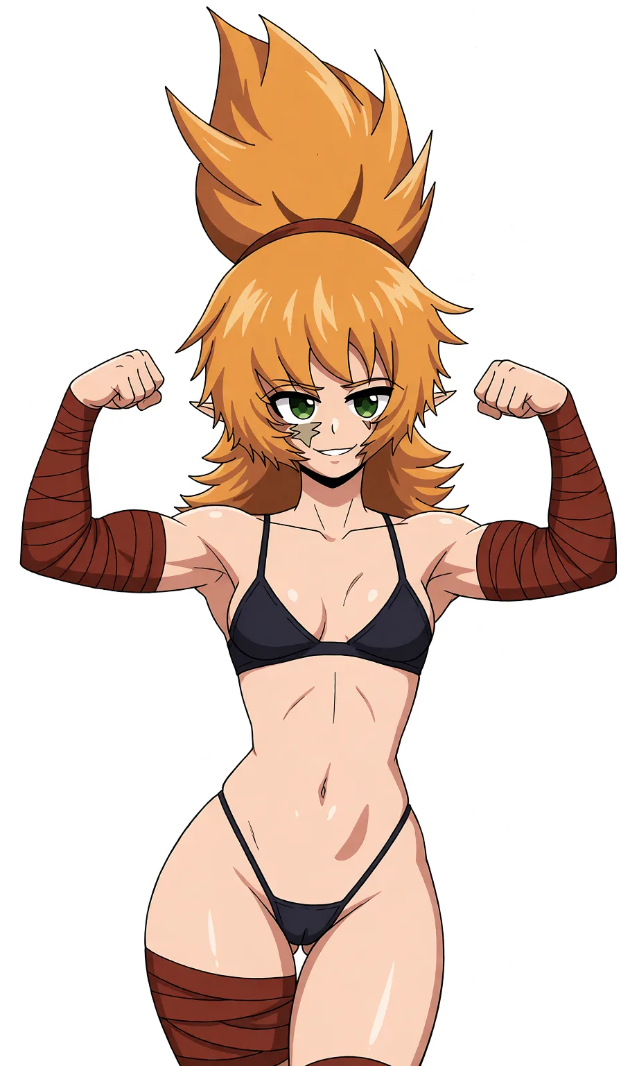 Redraw the entire picture as a hand-drawn anime illustration in flat cel-shaded anime style. It stays the same person with the same face, the same expression, the same hair and the same skin tone, and every other detail of the photograph is kept exactly as it is: nothing is added, removed, moved, uncovered or recoloured. Only the medium changes, and no part of the picture is left photographic. Above all, the picture must show: Remove her leotard, giving her a thong and a very small bra.