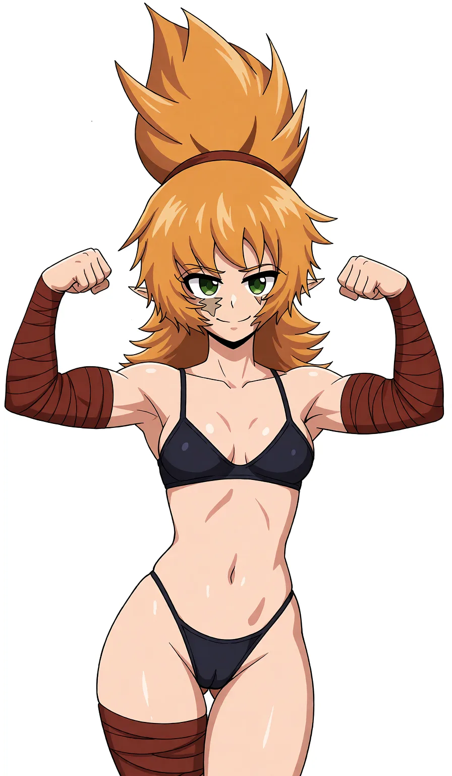 Redraw the entire picture as a hand-drawn anime illustration in flat cel-shaded anime style. It stays the same person with the same face, the same expression, the same hair and the same skin tone, and every other detail of the photograph is kept exactly as it is: nothing is added, removed, moved, uncovered or recoloured. Only the medium changes, and no part of the picture is left photographic. Above all, the picture must show: Remove her leotard replacing it with a tight thong with pussy outline, and a small bra barely covering her nipples.