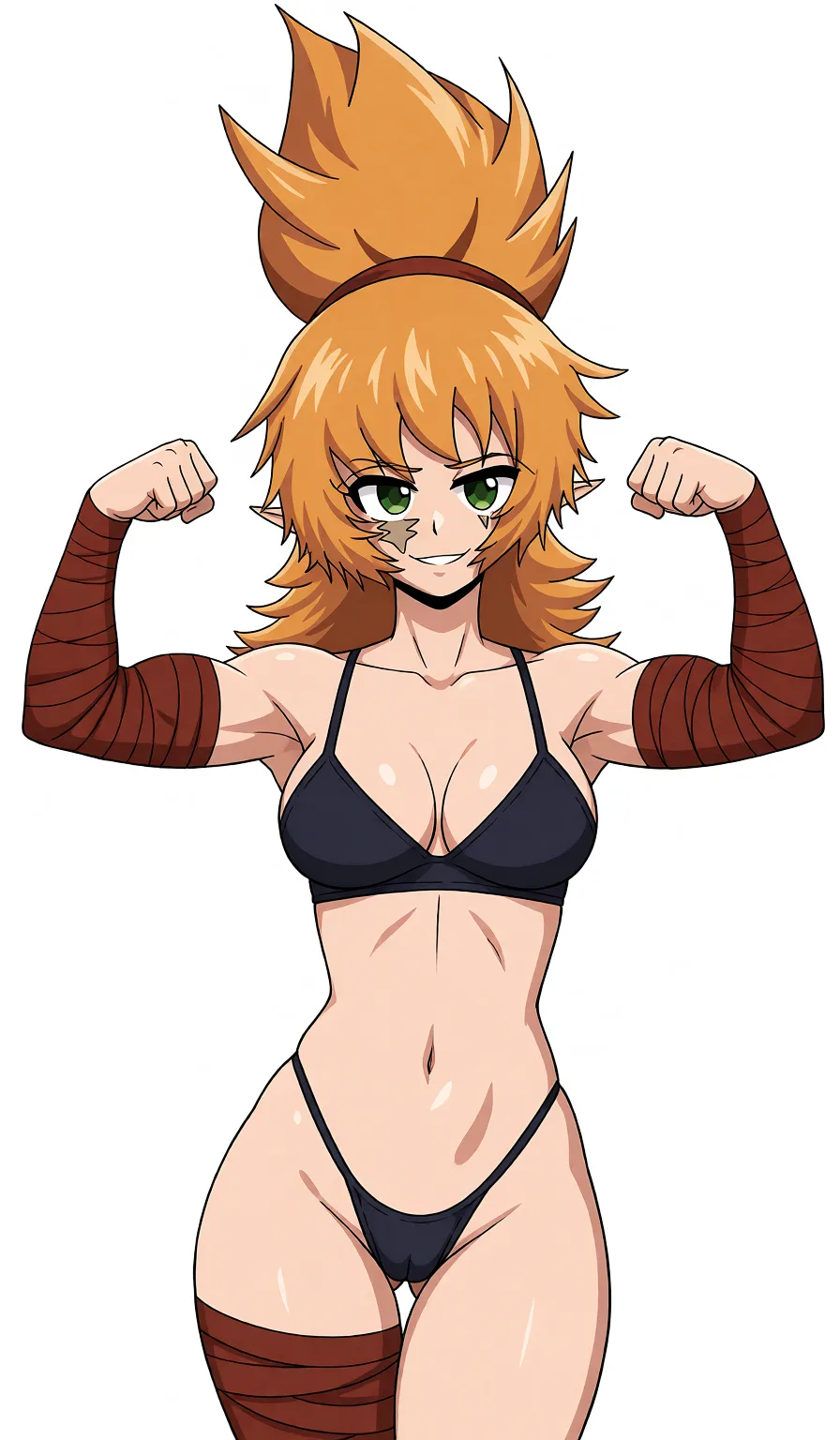Redraw the entire picture as a hand-drawn anime illustration in flat cel-shaded anime style. It stays the same person with the same face, the same expression, the same hair and the same skin tone, and every other detail of the photograph is kept exactly as it is: nothing is added, removed, moved, uncovered or recoloured. Only the medium changes, and no part of the picture is left photographic. Above all, the picture must show: Remove her leotard replacing it with a very tight and small thong with the pussy outline, and a shelf bra barely covering her breasts.