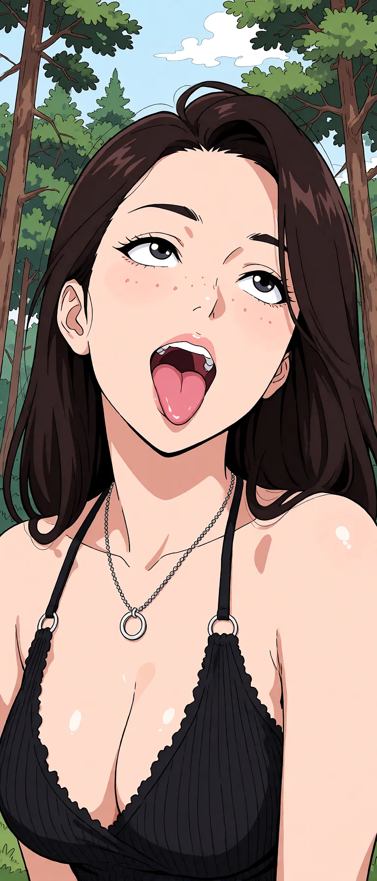 Redraw the entire picture as a hand-drawn anime illustration in flat cel-shaded anime style. It stays the same person with the same face, the same expression, the same hair and the same skin tone, and every other detail of the photograph is kept exactly as it is: nothing is added, removed, moved, uncovered or recoloured. Only the medium changes, and no part of the picture is left photographic. Above all, the picture must show: Закатывает глаза вверх,высовывает язык вниз,открыв рот.