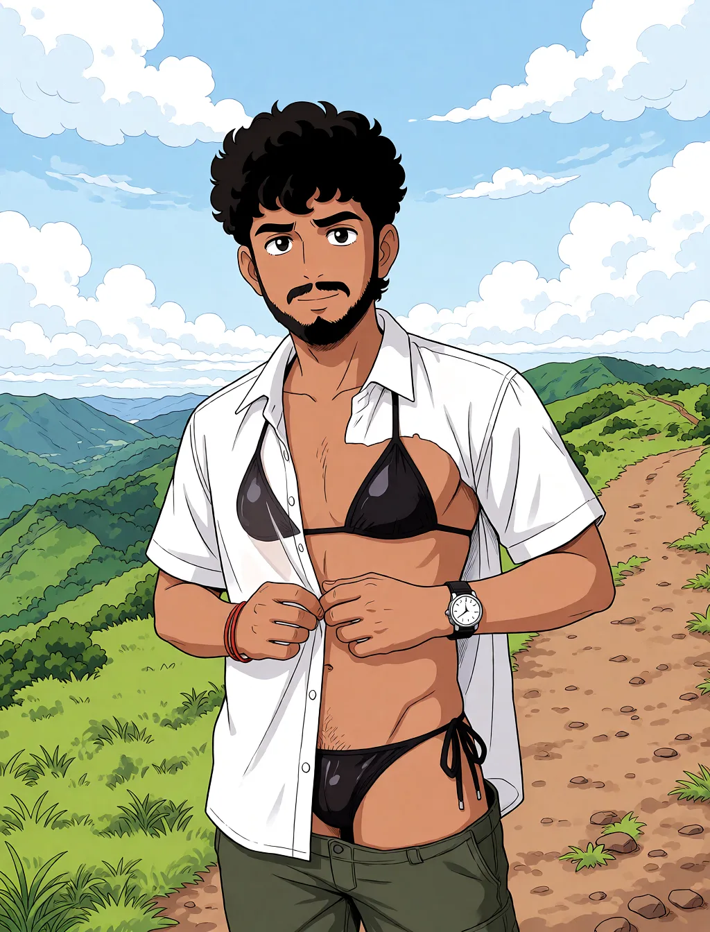 Redraw the entire picture as a hand-drawn anime illustration in flat cel-shaded anime style. It stays the same person with the same face, the same expression, the same hair and the same skin tone, and every other detail of the photograph is kept exactly as it is: nothing is added, removed, moved, uncovered or recoloured. Only the medium changes, and no part of the picture is left photographic. Above all, the picture must show: Give a transparent black_bikini.