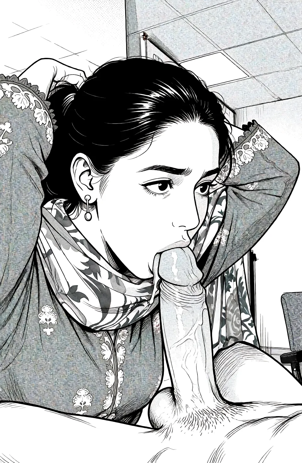 Redraw the entire picture as a black and white manga page: crisp black ink line art, no colour anywhere, flat halftone screentone shading, hatched shadows and clean white highlights, in the look of a printed manga panel. The background is drawn in the same style. Nothing in the frame keeps its photographic appearance. Above all, the picture must show: just make it so this woman is giving fellatio to a penis.