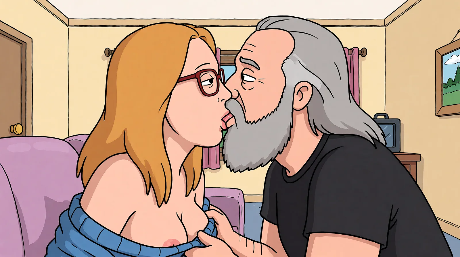 Redraw the entire picture as a western animated cartoon cel: thick even outlines, flat bright blocks of colour, simplified rounded shapes and hard-edged shadows, in the look of a television cartoon rather than of a camera. Keep the woman's adult proportions and adult figure exactly as they are; only the drawing style changes. The background is drawn in the same style. Nothing in the frame keeps its photographic appearance. Above all, the picture must show: undressing french_kiss.