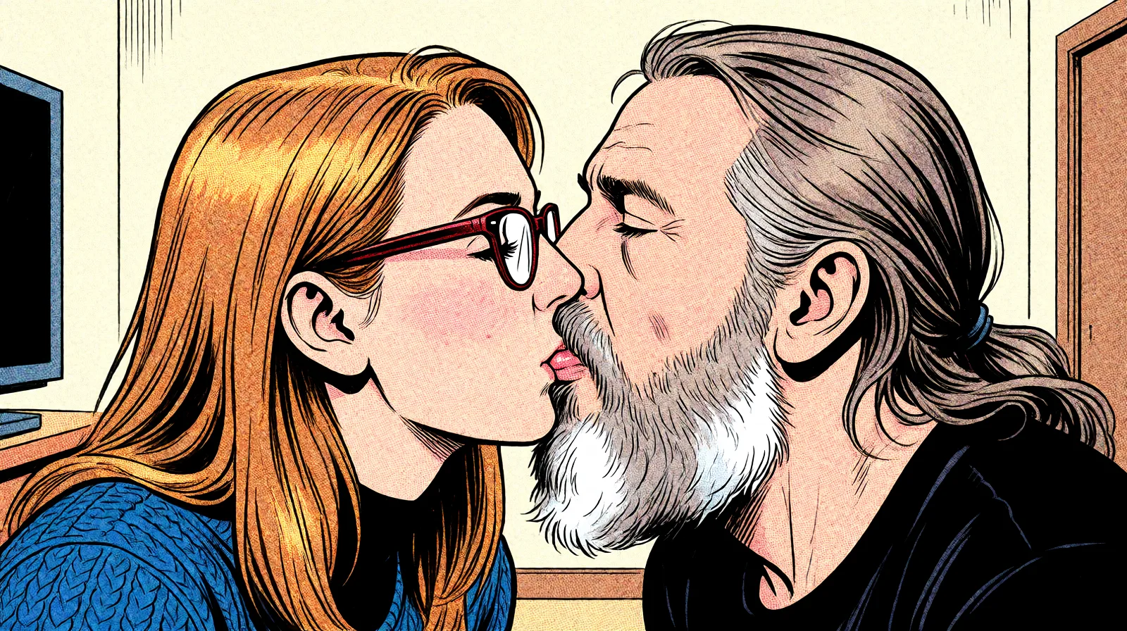 Redraw the entire picture as western comic-book art: heavy black inked outlines, hard-edged cel shading, limited high-contrast colour and visible halftone dot texture. The background is drawn in the same style. Nothing in the frame keeps its photographic appearance. Above all, the picture must show: french_kiss.