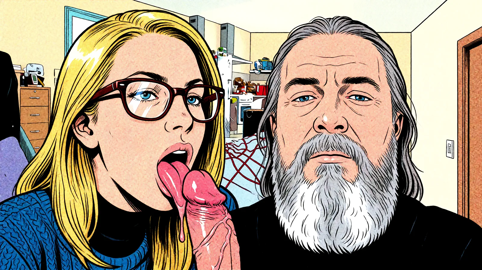 Redraw the entire picture as western comic-book art: heavy black inked outlines, hard-edged cel shading, limited high-contrast colour and visible halftone dot texture. The background is drawn in the same style. Nothing in the frame keeps its photographic appearance. Above all, the picture must show: licking penis cum.