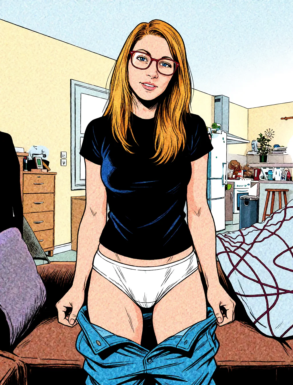 Redraw the entire picture as western comic-book art: heavy black inked outlines, hard-edged cel shading, limited high-contrast colour and visible halftone dot texture. The background is drawn in the same style. Nothing in the frame keeps its photographic appearance. Above all, the picture must show: undressing full_body skirt white_socks.