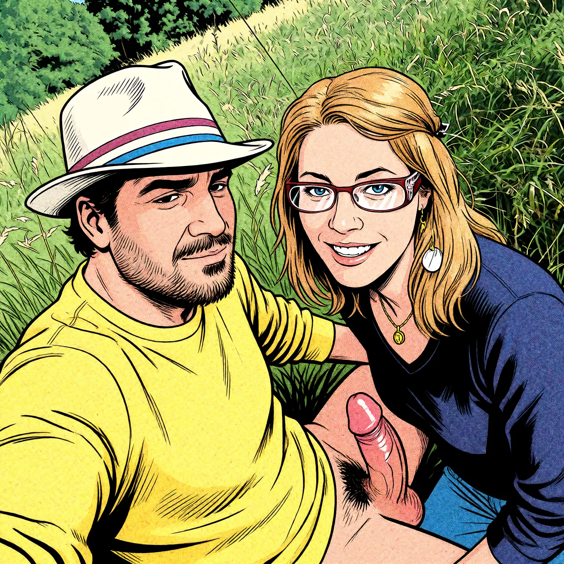 Redraw the entire picture as western comic-book art: heavy black inked outlines, hard-edged cel shading, limited high-contrast colour and visible halftone dot texture. The background is drawn in the same style. Nothing in the frame keeps its photographic appearance. Above all, the picture must show: he fucked her doggystyle sex.