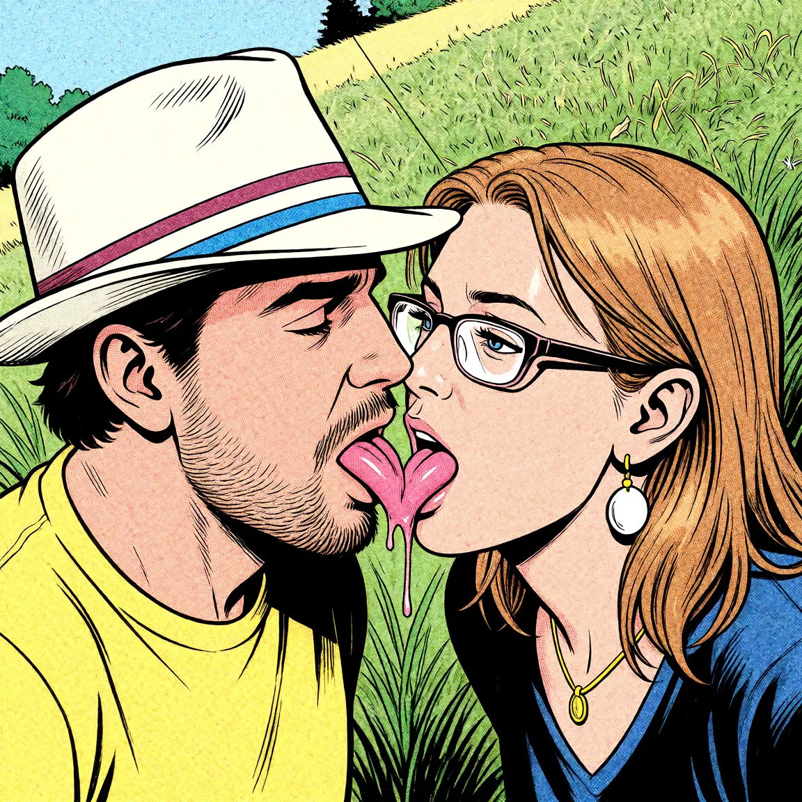 Redraw the entire picture as western comic-book art: heavy black inked outlines, hard-edged cel shading, limited high-contrast colour and visible halftone dot texture. The background is drawn in the same style. Nothing in the frame keeps its photographic appearance. Above all, the picture must show: licking_penis eachother same time.