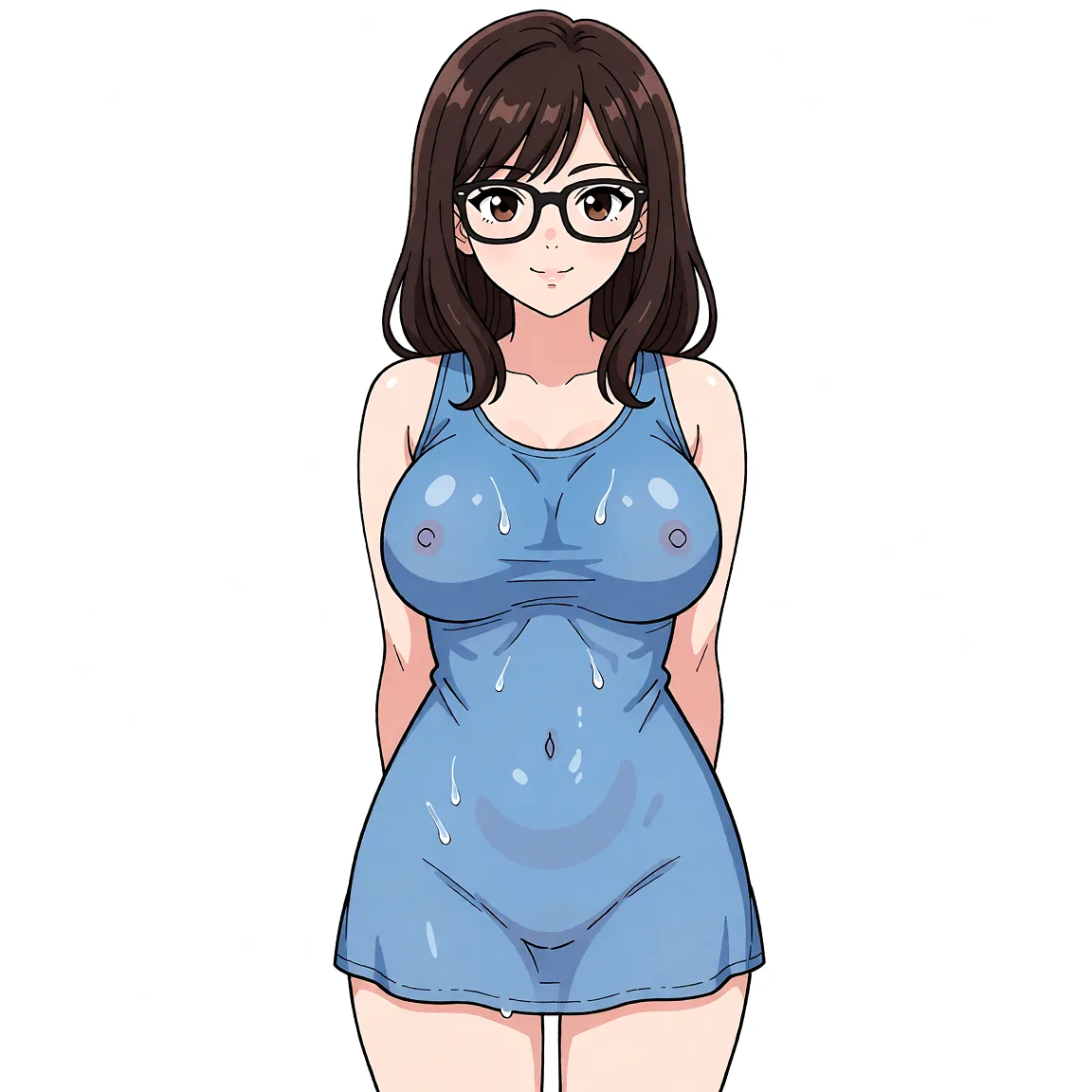 Redraw the entire picture as a hand-drawn anime illustration in flat cel-shaded anime style. It stays the same person with the same face, the same expression, the same hair and the same skin tone, and every other detail of the photograph is kept exactly as it is: nothing is added, removed, moved, uncovered or recoloured. Only the medium changes, and no part of the picture is left photographic. Above all, the picture must show: make her look cuter and nicer and sexy, and bigger breasts, make her face more cuter and nicer and sexy, and so cute.