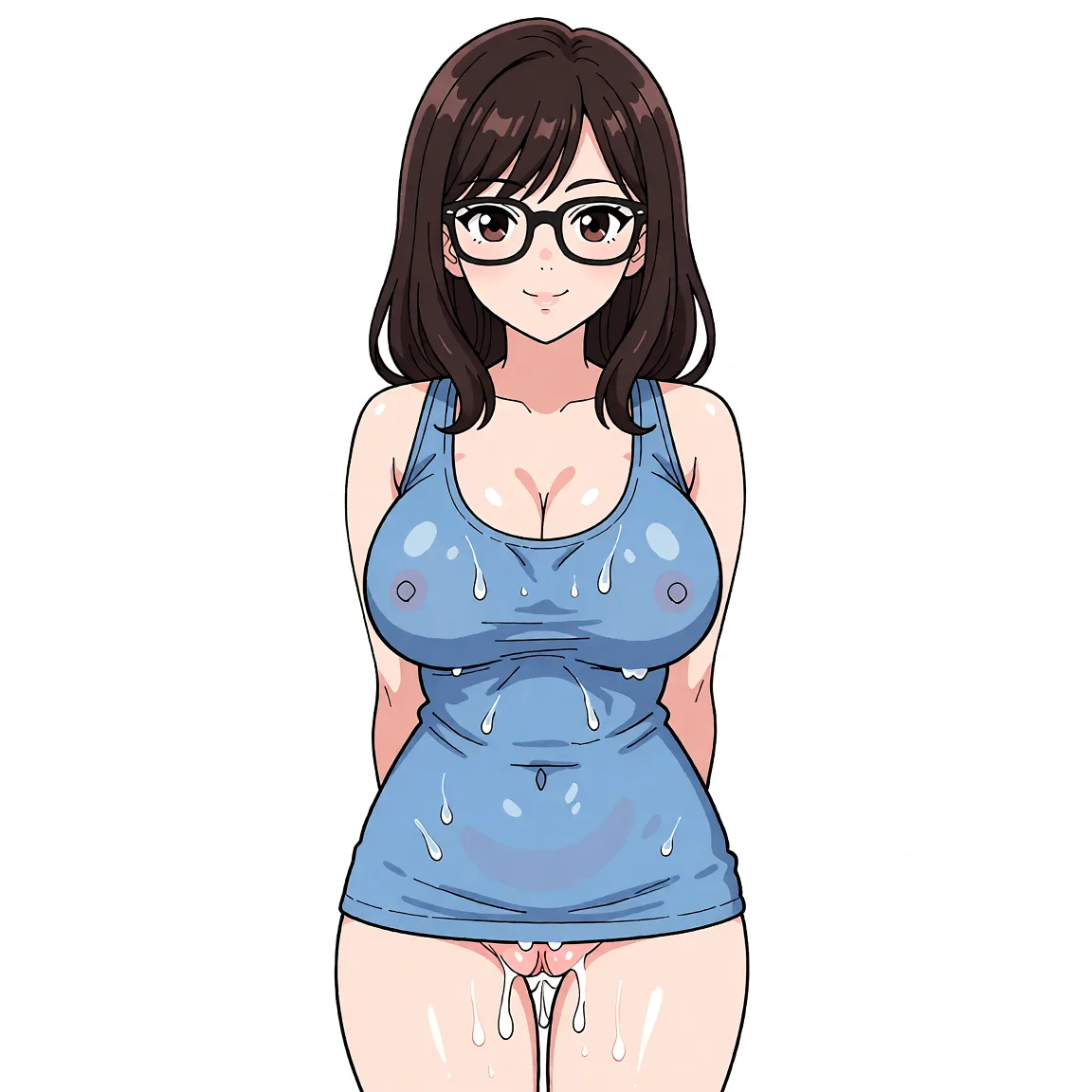 Redraw the entire picture as a hand-drawn anime illustration in flat cel-shaded anime style. It stays the same person with the same face, the same expression, the same hair and the same skin tone, and every other detail of the photograph is kept exactly as it is: nothing is added, removed, moved, uncovered or recoloured. Only the medium changes, and no part of the picture is left photographic. Above all, the picture must show: make her look cuter and nicer and sexy, and bigger breasts, make her face more cuter and nicer and sexy, and so cute, make her pussy so wet, super duper cute face and body and super sexy body, biggest breasts.