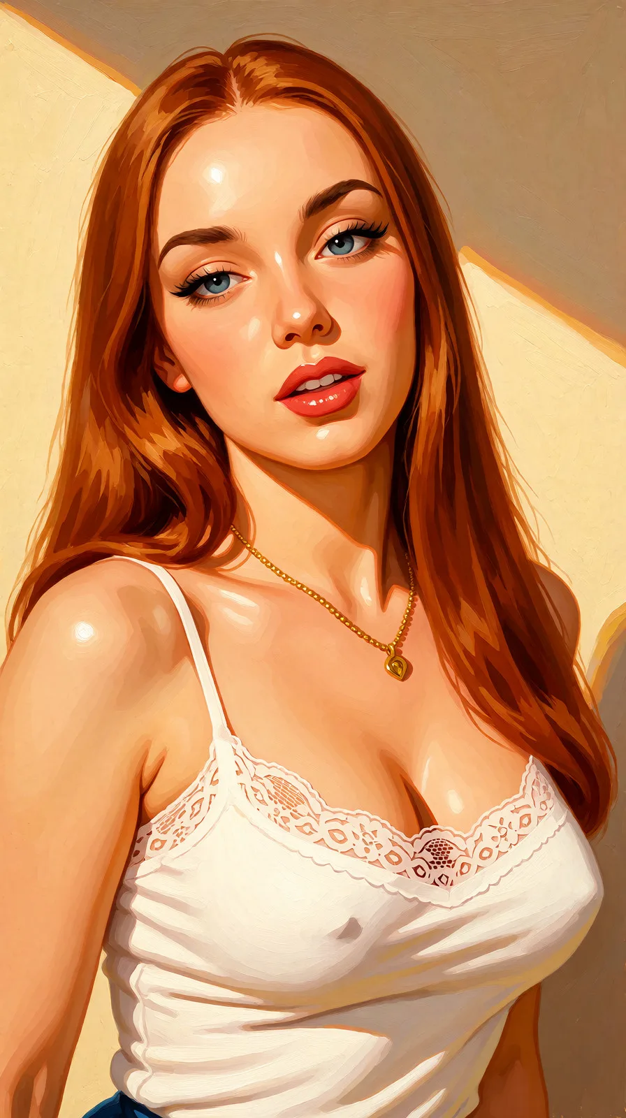 Redraw the entire picture as a retro pin-up illustration: smooth airbrushed gouache paint, warm saturated mid-century colour, clean confident outlines and glamorous stylised features, in the look of a 1950s pin-up poster. The background is painted in the same style. Nothing in the frame keeps its photographic appearance. Above all, the picture must show: Девушка сосет член с голой грудью.