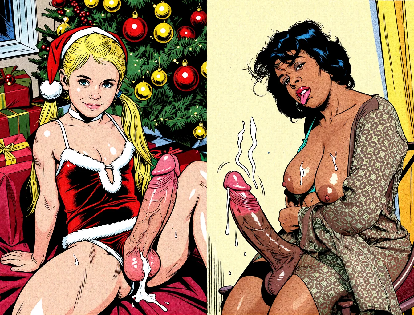 Redraw the entire picture as western comic-book art: heavy black inked outlines, hard-edged cel shading, limited high-contrast colour and visible halftone dot texture. The background is drawn in the same style. Nothing in the frame keeps its photographic appearance. Above all, the picture must show: licking dark_skin testicles.