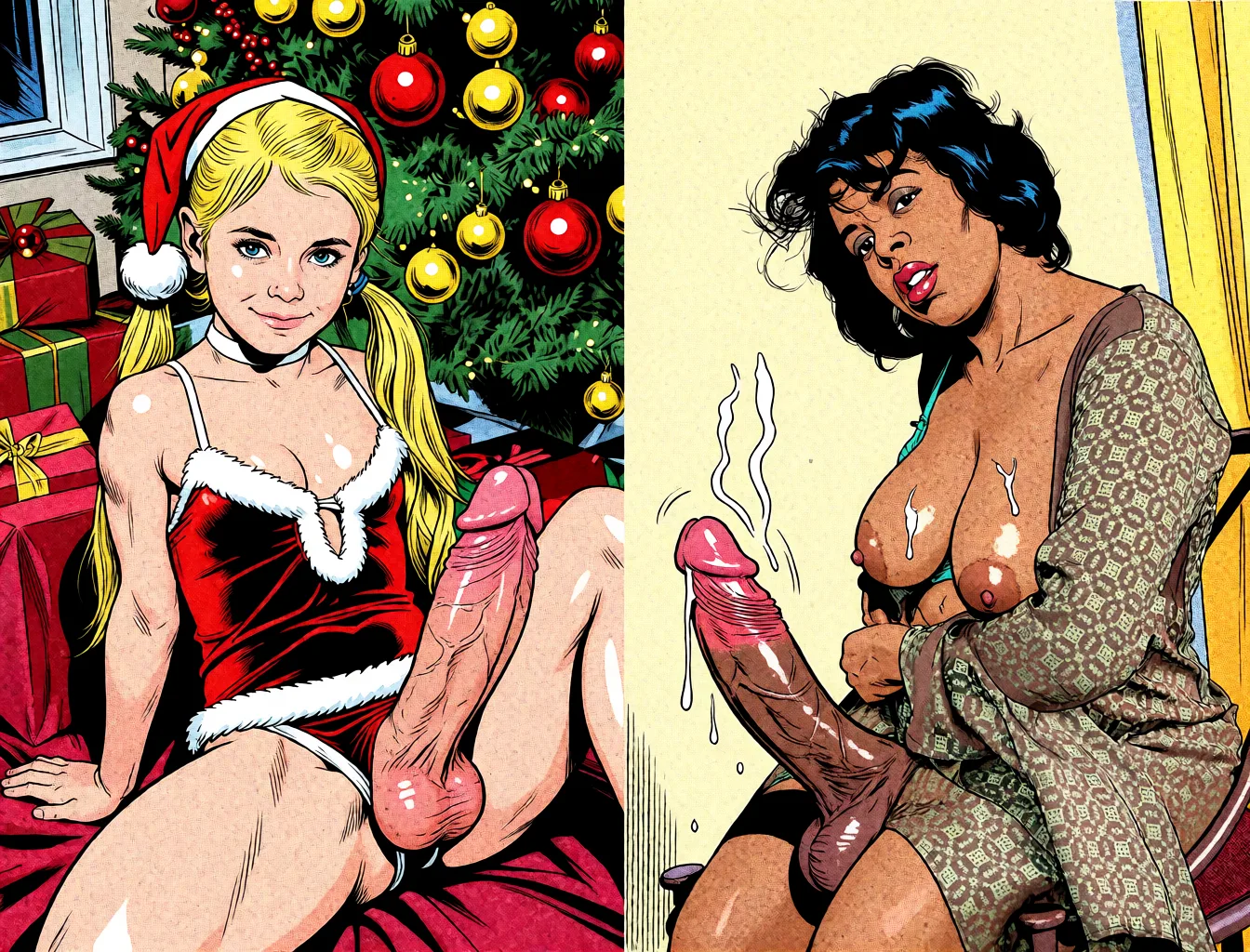 Redraw the entire picture as western comic-book art: heavy black inked outlines, hard-edged cel shading, limited high-contrast colour and visible halftone dot texture. The background is drawn in the same style. Nothing in the frame keeps its photographic appearance. Above all, the picture must show: missionary sex.