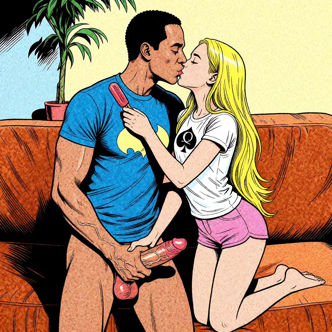 Redraw the entire picture as western comic-book art: heavy black inked outlines, hard-edged cel shading, limited high-contrast colour and visible halftone dot texture. The background is drawn in the same style. Nothing in the frame keeps its photographic appearance. Above all, the picture must show: female kneeling handjob huge veiny_penis.