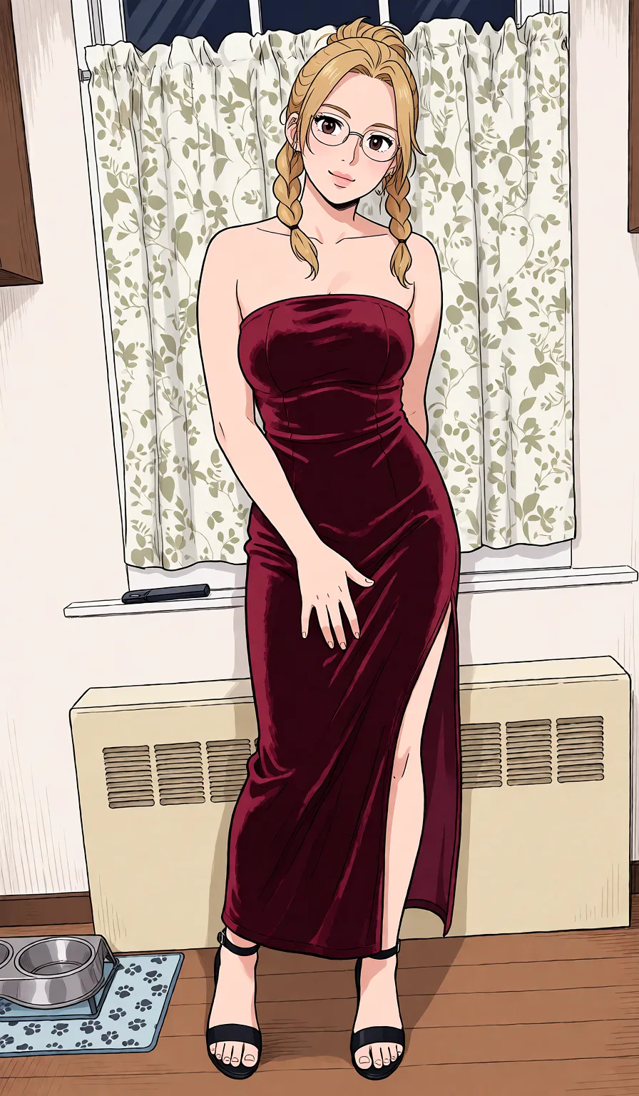 Redraw the entire picture as a hand-drawn anime illustration in flat cel-shaded anime style. It stays the same person with the same face, the same expression, the same hair and the same skin tone, and every other detail of the photograph is kept exactly as it is: nothing is added, removed, moved, uncovered or recoloured. Only the medium changes, and no part of the picture is left photographic. Above all, the picture must show: Touching her self.