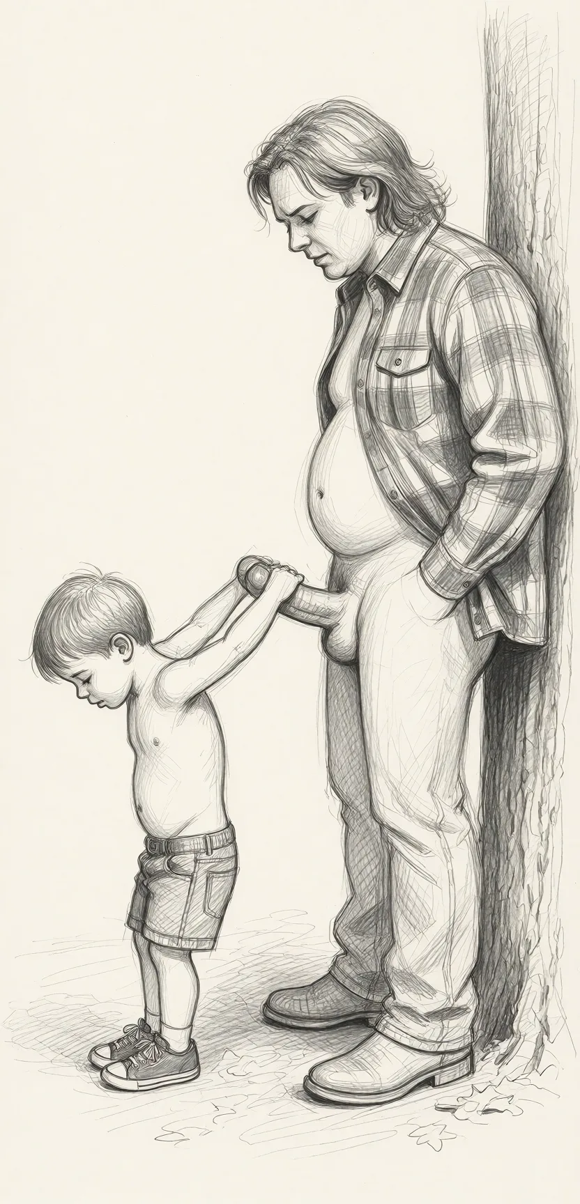 Redraw the entire picture as a hand-drawn graphite sketch on off-white paper: visible pencil strokes, cross-hatched shading, loose construction lines and no colour beyond the grey of the pencil and the tone of the paper. The background is drawn in the same style. Nothing in the frame keeps its photographic appearance. Above all, the picture must show: Little guy clothes off, little guy bent_over, big guy fucking little guy's ass.