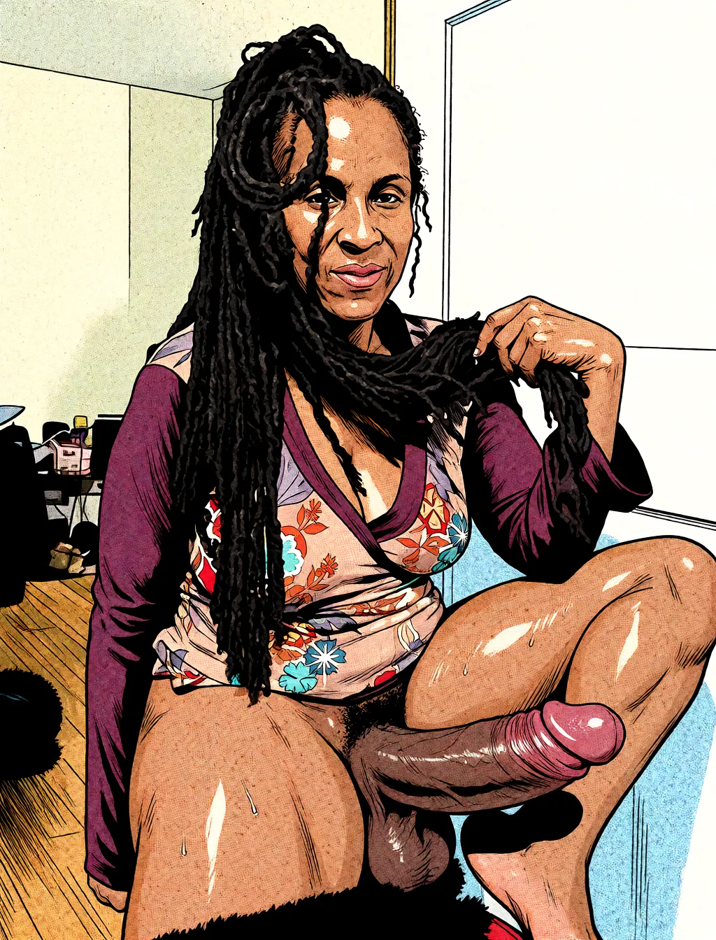 Redraw the entire picture as western comic-book art: heavy black inked outlines, hard-edged cel shading, limited high-contrast colour and visible halftone dot texture. The background is drawn in the same style. Nothing in the frame keeps its photographic appearance. Above all, the picture must show: huge_penis dark_skin.