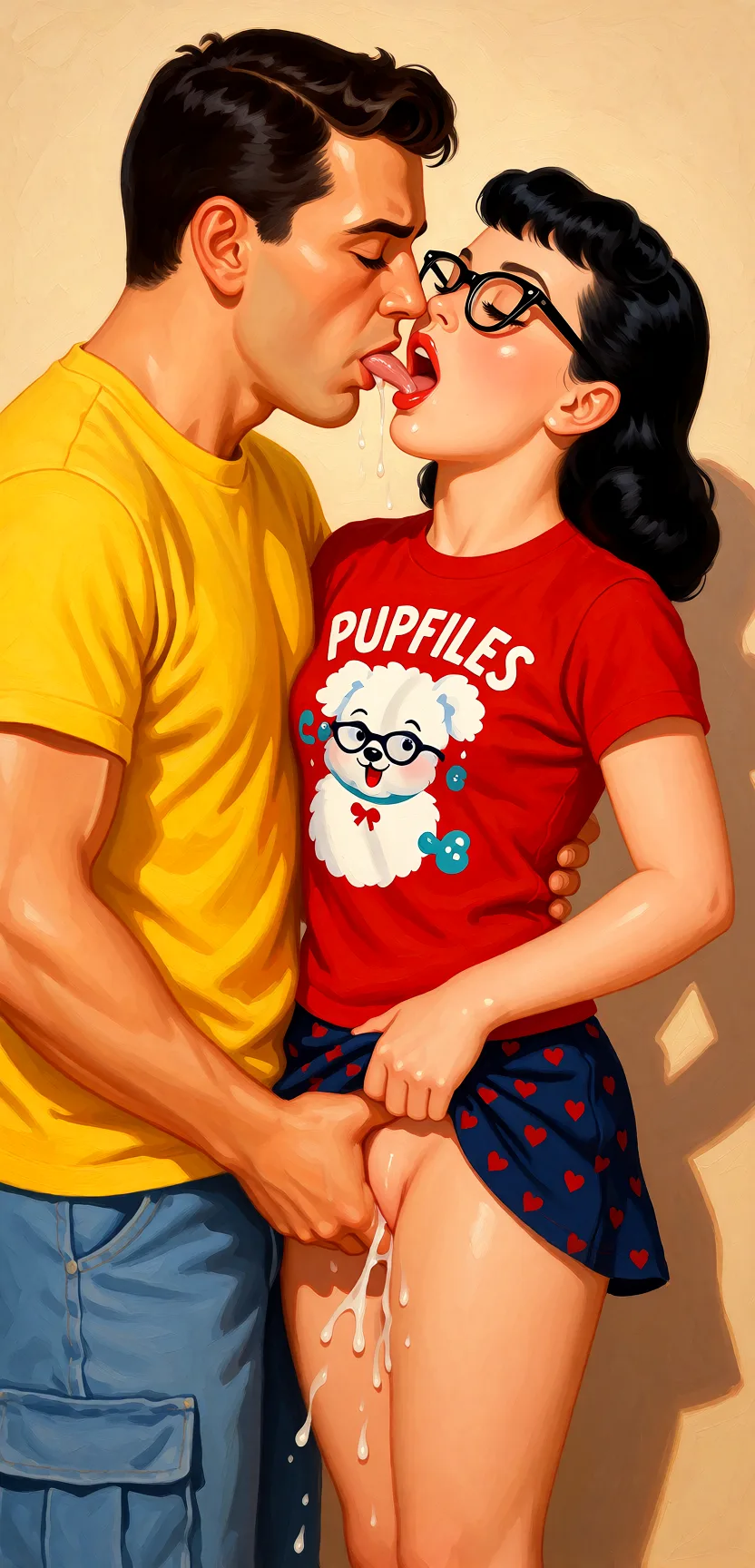 Redraw the entire picture as a retro pin-up illustration: smooth airbrushed gouache paint, warm saturated mid-century colour, clean confident outlines and glamorous stylised features, in the look of a 1950s pin-up poster. The background is painted in the same style. Nothing in the frame keeps its photographic appearance. Above all, the picture must show: She's masterbating him, her mouth open, he cuts in her mouth.