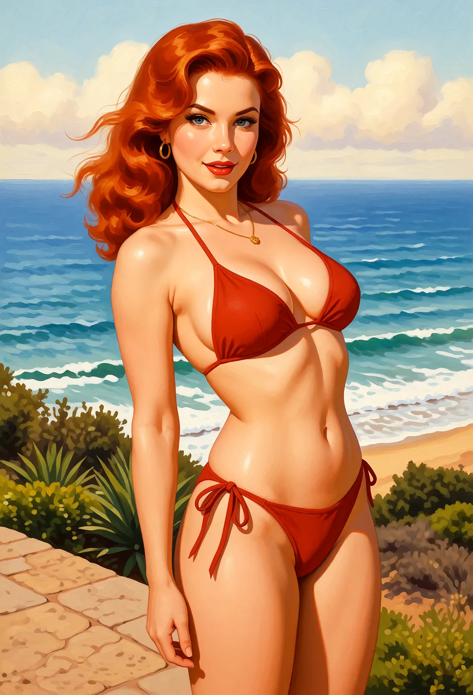 Redraw the entire picture as a retro pin-up illustration: smooth airbrushed gouache paint, warm saturated mid-century colour, clean confident outlines and glamorous stylised features, in the look of a 1950s pin-up poster. The background is painted in the same style. Nothing in the frame keeps its photographic appearance. Above all, the picture must show: full nude.