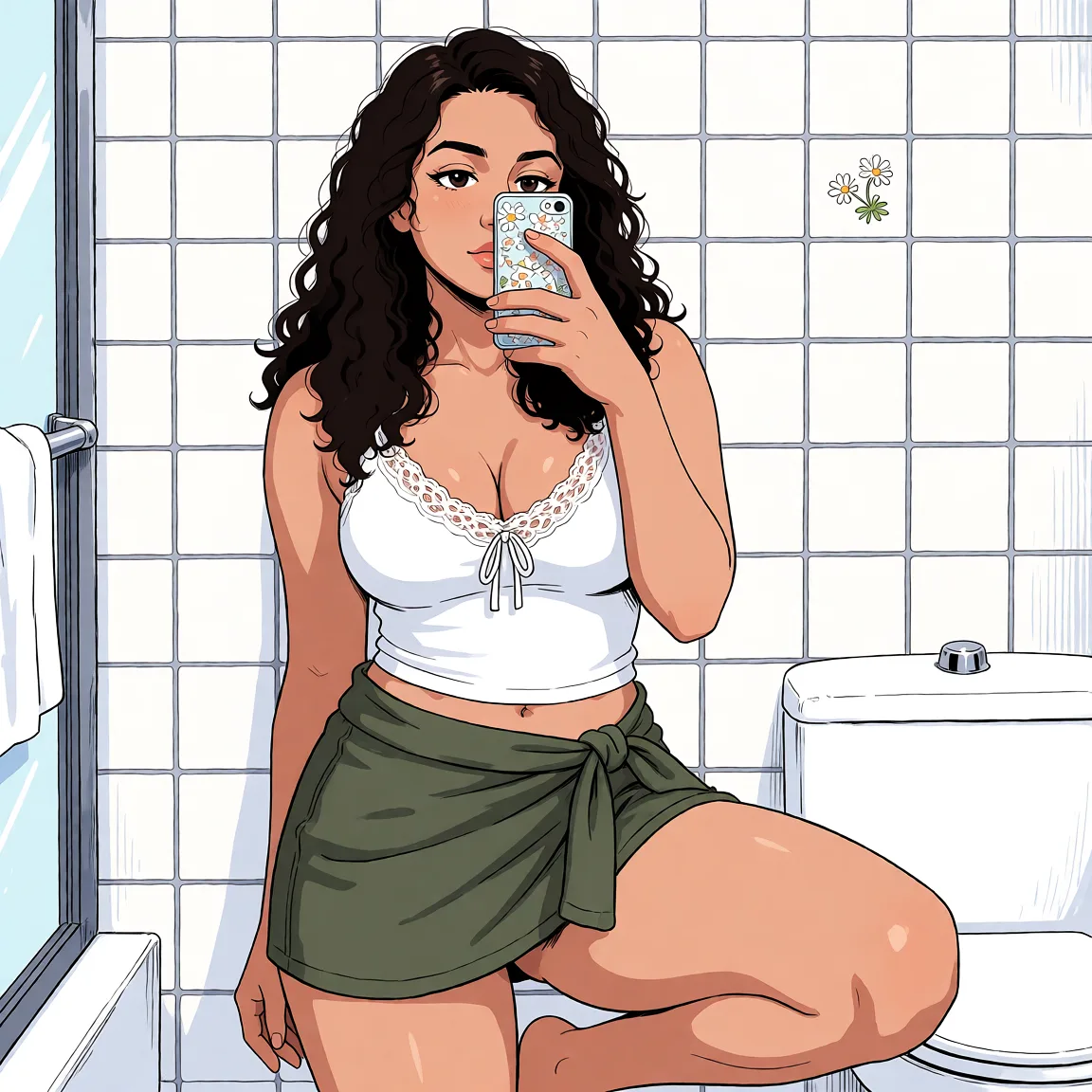 Redraw the entire picture as a hand-drawn anime illustration in flat cel-shaded anime style. It stays the same person with the same face, the same expression, the same hair and the same skin tone, and every other detail of the photograph is kept exactly as it is: nothing is added, removed, moved, uncovered or recoloured. Only the medium changes, and no part of the picture is left photographic. Above all, the picture must show: woman in full nelson position.