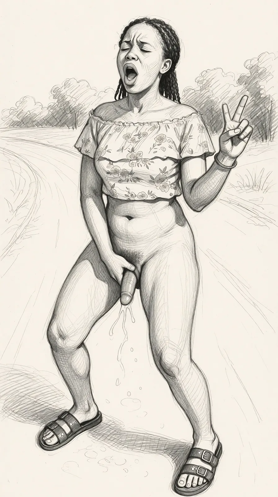 Redraw the entire picture as a hand-drawn graphite sketch on off-white paper: visible pencil strokes, cross-hatched shading, loose construction lines and no colour beyond the grey of the pencil and the tone of the paper. The background is drawn in the same style. Nothing in the frame keeps its photographic appearance. Above all, the picture must show: naked sexy fingering while moaning.