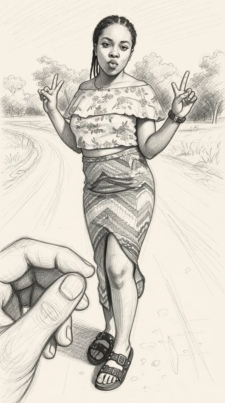 Redraw the entire picture as a hand-drawn graphite sketch on off-white paper: visible pencil strokes, cross-hatched shading, loose construction lines and no colour beyond the grey of the pencil and the tone of the paper. The background is drawn in the same style. Nothing in the frame keeps its photographic appearance. Above all, the picture must show: fingering.