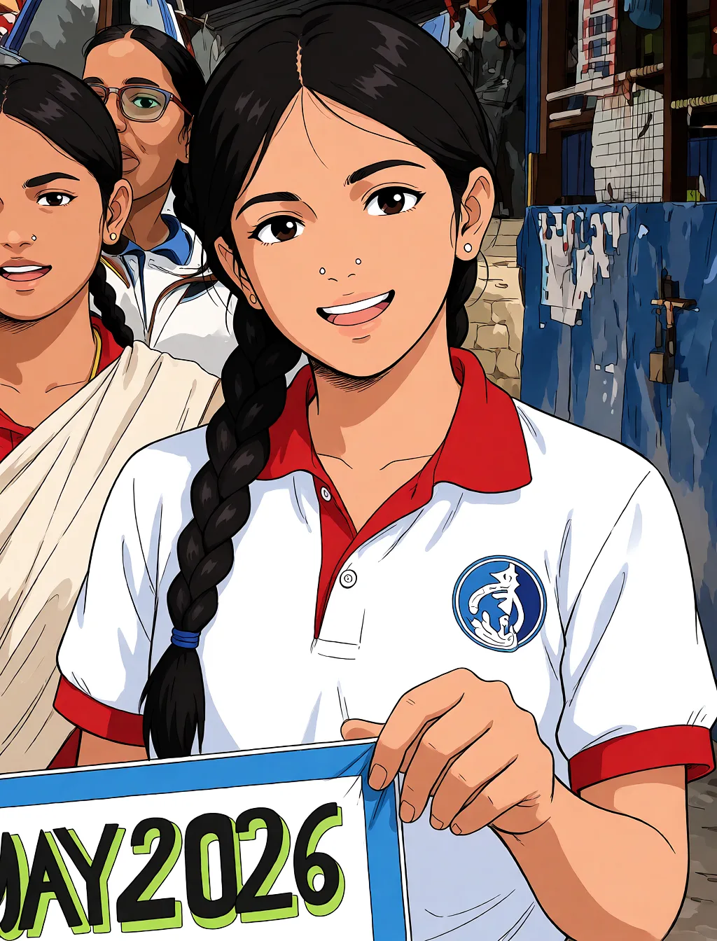 Redraw the entire picture as a hand-drawn anime illustration in flat cel-shaded anime style. It stays the same person with the same face, the same expression, the same hair and the same skin tone, and every other detail of the photograph is kept exactly as it is: nothing is added, removed, moved, uncovered or recoloured. Only the medium changes, and no part of the picture is left photographic. Above all, the picture must show: fingering.