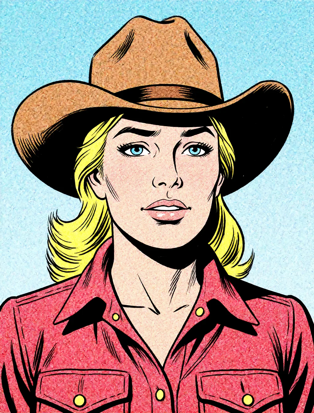 Redraw the entire picture as western comic-book art: heavy black inked outlines, hard-edged cel shading, limited high-contrast colour and visible halftone dot texture. The background is drawn in the same style. Nothing in the frame keeps its photographic appearance. Above all, the picture must show: Amazon cowgirl_position.
