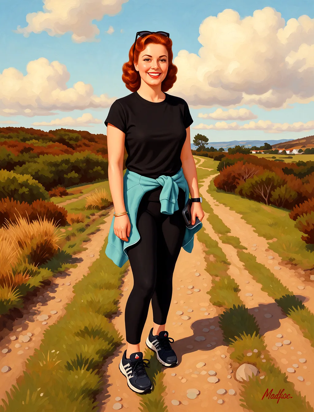 Redraw the entire picture as a retro pin-up illustration: smooth airbrushed gouache paint, warm saturated mid-century colour, clean confident outlines and glamorous stylised features, in the look of a 1950s pin-up poster. The background is painted in the same style. Nothing in the frame keeps its photographic appearance. Above all, the picture must show: Naked and ready for sex.