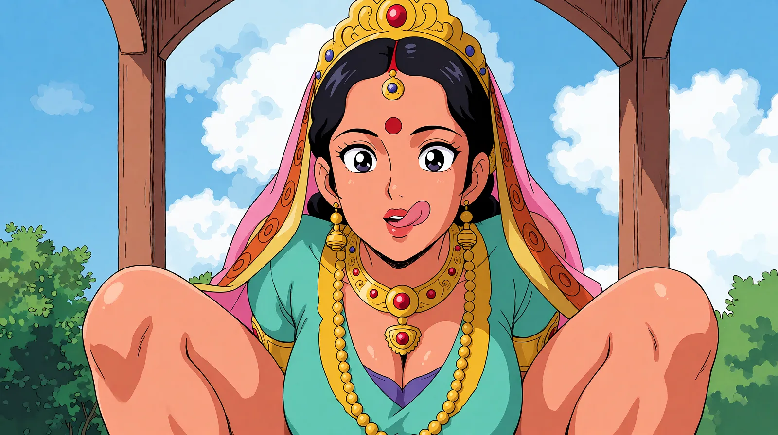 Redraw the entire picture as a hand-drawn anime illustration in flat cel-shaded anime style. It stays the same person with the same face, the same expression, the same hair and the same skin tone, and every other detail of the photograph is kept exactly as it is: nothing is added, removed, moved, uncovered or recoloured. Only the medium changes, and no part of the picture is left photographic. Above all, the picture must show: Sita from HIndu mythology, seen from a low-angle shot. She is squatting on top of the viewer, licking her lips in anticipation.