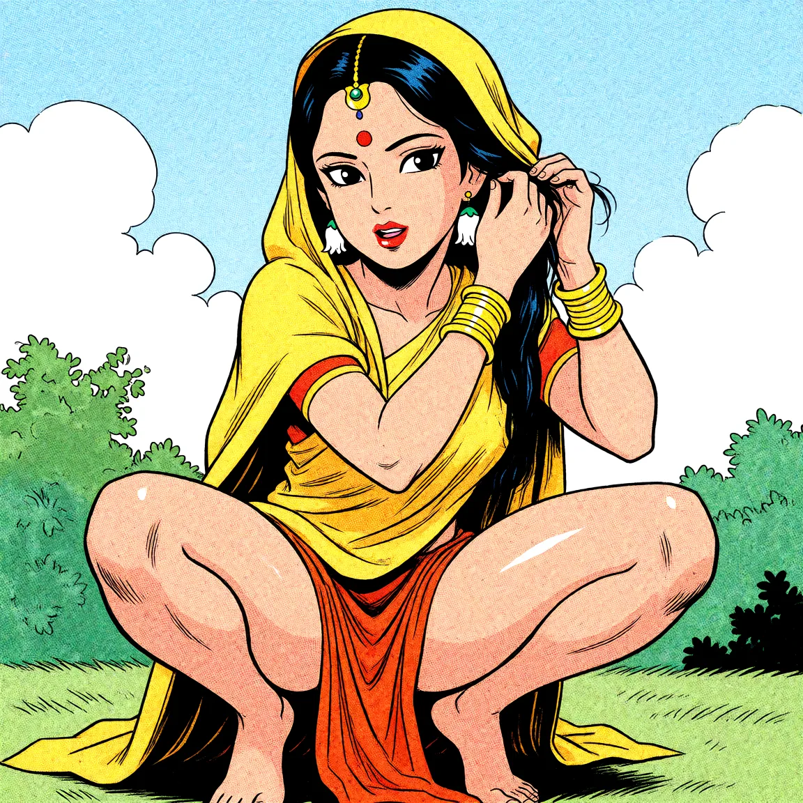Redraw the entire picture as western comic-book art: heavy black inked outlines, hard-edged cel shading, limited high-contrast colour and visible halftone dot texture. The background is drawn in the same style. Nothing in the frame keeps its photographic appearance. Above all, the picture must show: Sita from Hindu mythology, squatting on top while tucking a stray hair behind her ear. Her long, slender legs are exposed.