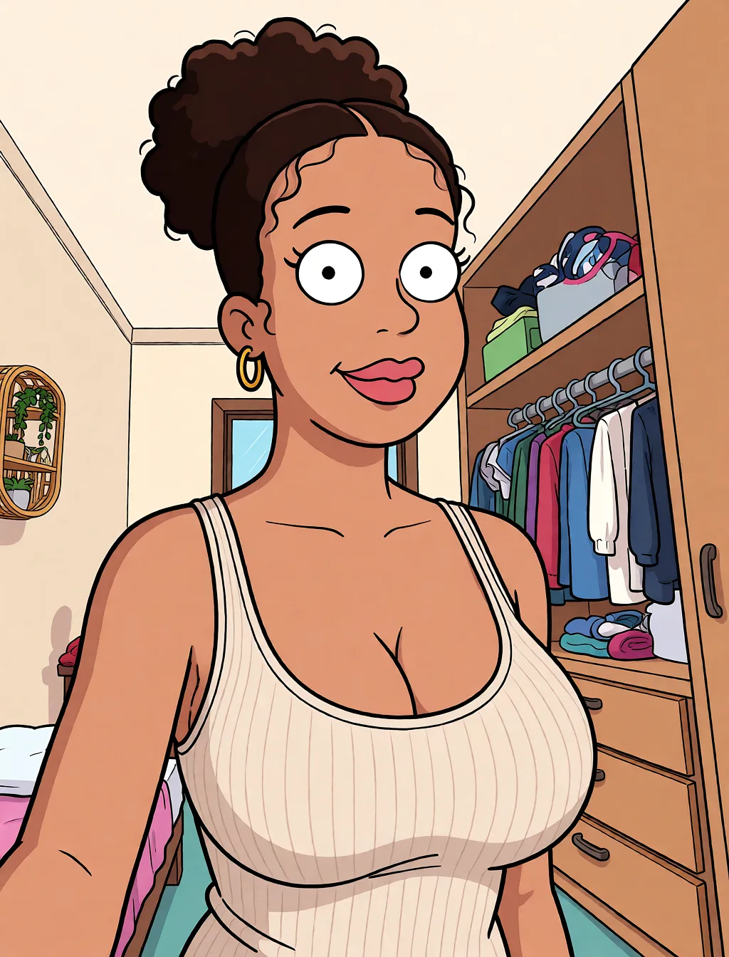 Redraw the entire picture as a western animated cartoon cel: thick even outlines, flat bright blocks of colour, simplified rounded shapes and hard-edged shadows, in the look of a television cartoon rather than of a camera. Keep the woman's adult proportions and adult figure exactly as they are; only the drawing style changes. The background is drawn in the same style. Nothing in the frame keeps its photographic appearance. Above all, the picture must show: large_breasts.