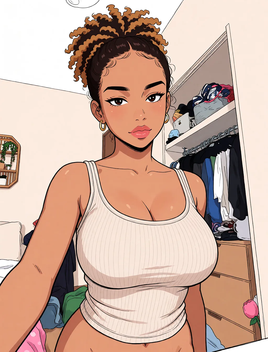 Redraw the entire picture as a hand-drawn anime illustration in flat cel-shaded anime style. It stays the same person with the same face, the same expression, the same hair and the same skin tone, and every other detail of the photograph is kept exactly as it is: nothing is added, removed, moved, uncovered or recoloured. Only the medium changes, and no part of the picture is left photographic. Above all, the picture must show: large_breasts wide_hips.