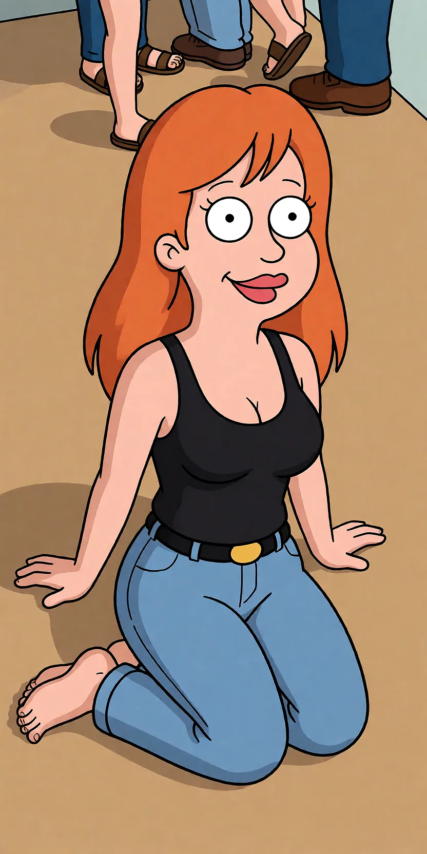 Redraw the entire picture as a western animated cartoon cel: thick even outlines, flat bright blocks of colour, simplified rounded shapes and hard-edged shadows, in the look of a television cartoon rather than of a camera. Keep the woman's adult proportions and adult figure exactly as they are; only the drawing style changes. The background is drawn in the same style. Nothing in the frame keeps its photographic appearance. Above all, the picture must show: Feet back missionary.