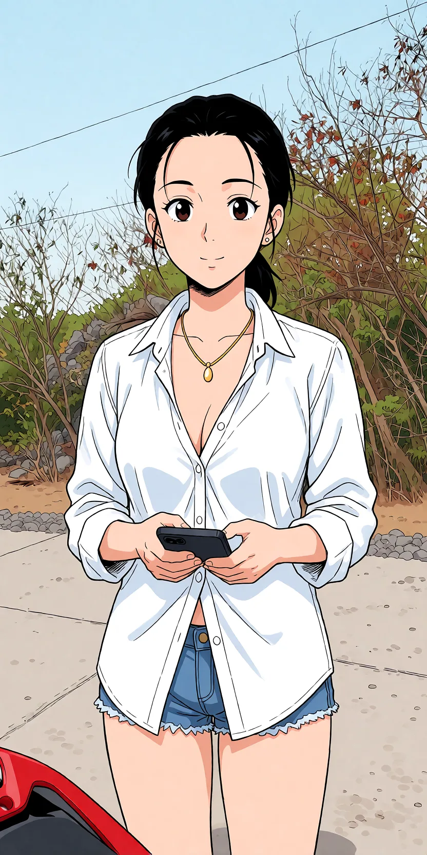 Redraw the entire picture as a hand-drawn anime illustration in flat cel-shaded anime style. It stays the same person with the same face, the same expression, the same hair and the same skin tone, and every other detail of the photograph is kept exactly as it is: nothing is added, removed, moved, uncovered or recoloured. Only the medium changes, and no part of the picture is left photographic. Above all, the picture must show: naked_shirt.