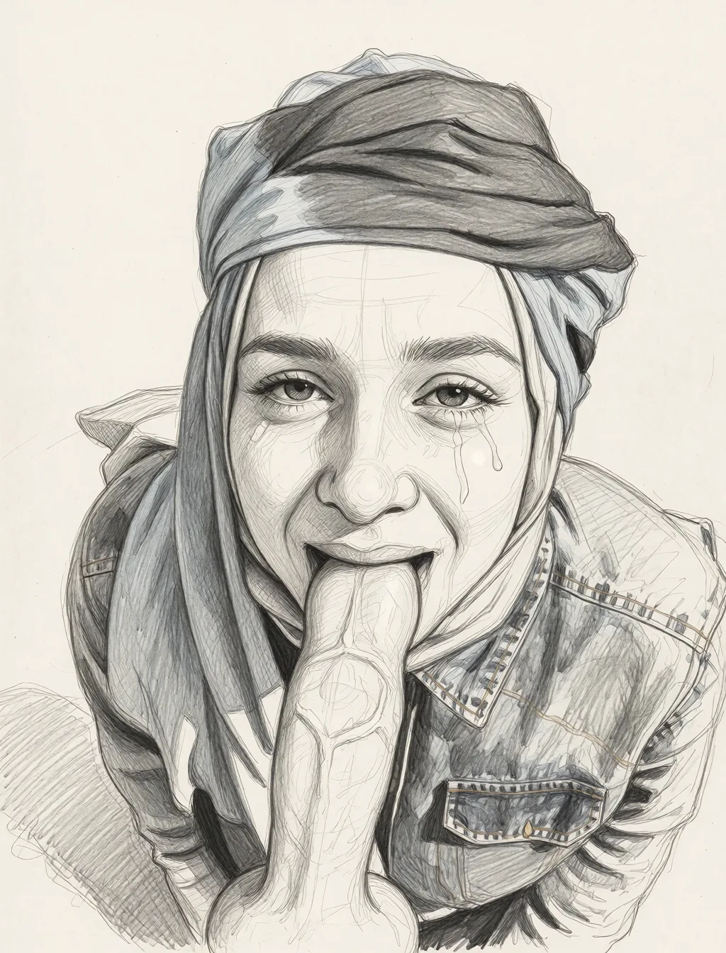 Redraw the entire picture as a hand-drawn graphite sketch on off-white paper: visible pencil strokes, cross-hatched shading, loose construction lines and no colour beyond the grey of the pencil and the tone of the paper. The background is drawn in the same style. Nothing in the frame keeps its photographic appearance. Above all, the picture must show: ahegao facial dildo.